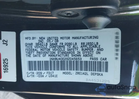 2009 Toyota Corolla S z USA, uszkodzony, nr VIN 1NXBU40E29Z045653